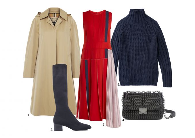1. „Burberry” paltas 2. „Max Mara” batai 3. „Sportmax” suknelė 4. „Emporio Armani” rankinė 5. „Weekend Max Mara” megztinis