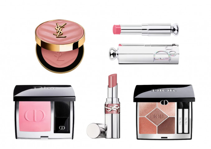 Skaistalai, „Make Me Blush Bold Blurring Blush“ (YSL), „Rouge Dior Blush“ (DIOR), lūpų dažai, „Addict Glass Lipstick“ (DIOR), „Loveshine Lipstick“ (YSL), akių šešėliai, „DIORSHOW 5 Couleurs Couture“, DIOR