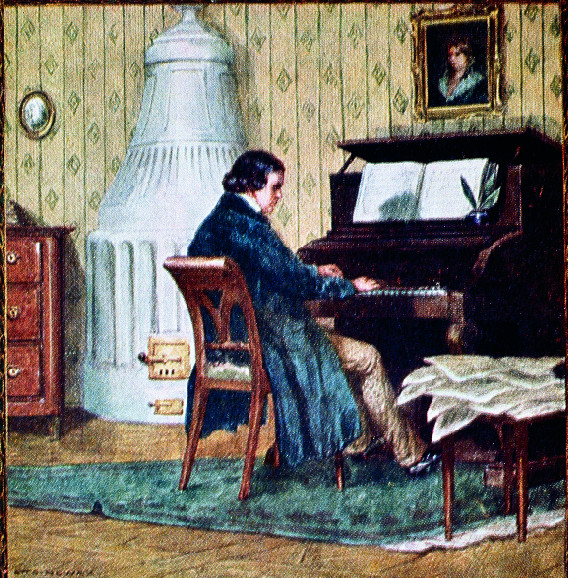R. Šumanas, kuriantis prie fortepijono. Jis tikėjosi tapti pianistu, tačiau liko savo žmonos Klaros šešėlyje.