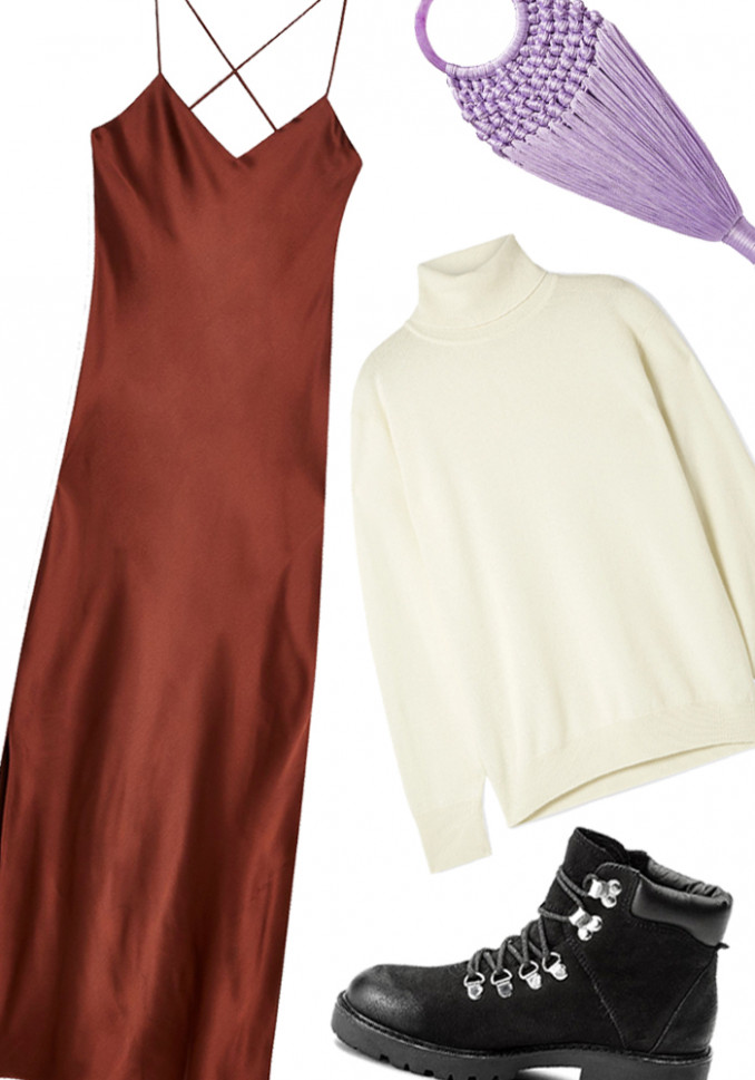 „Topshop” suknelė, „Cult Gaia” rankinė (net-a-porter.com), „The Row” megztinis (net-a-porter.com), „Vagabond” batai
