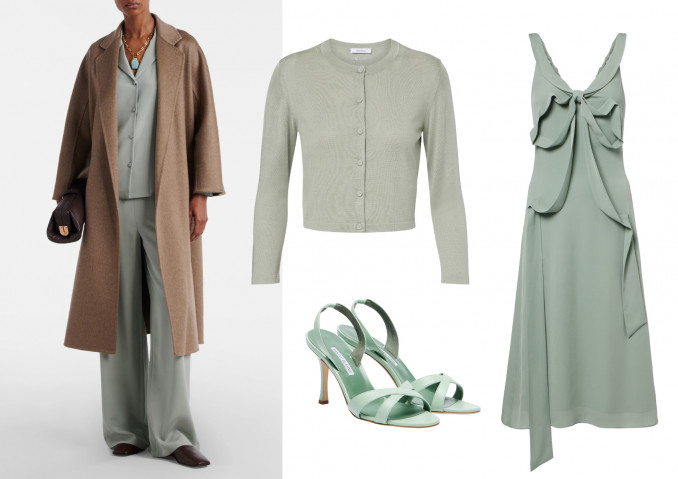 Ansamblis ir kardiganas, „Max Mara“, suknelė, „Acne Studios“, bateliai, „Manolo Blahnik“
