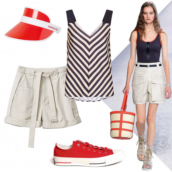 Šortai, 59,99 Eur, H&M,  Palaidinė, 129 Eur, MARELLA,  Snapelis nuo saulės, 9,99 Eur, H&M,  Sportbačiai, 89,95 Eur, MONTON