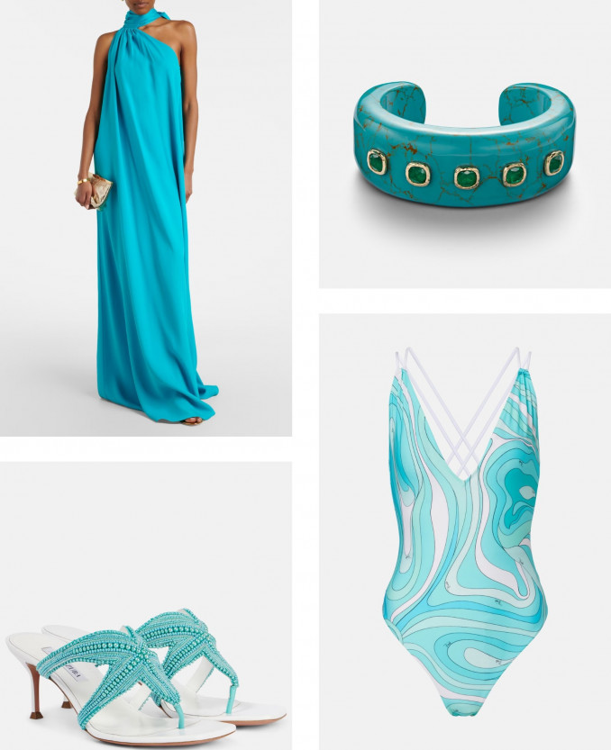 Suknelė, „Taller Marmo“, apyrankė, „Octavia Elizabeth“, basutės, „Aquazzura“, maudymosi kostiumėlis, „Pucci“
