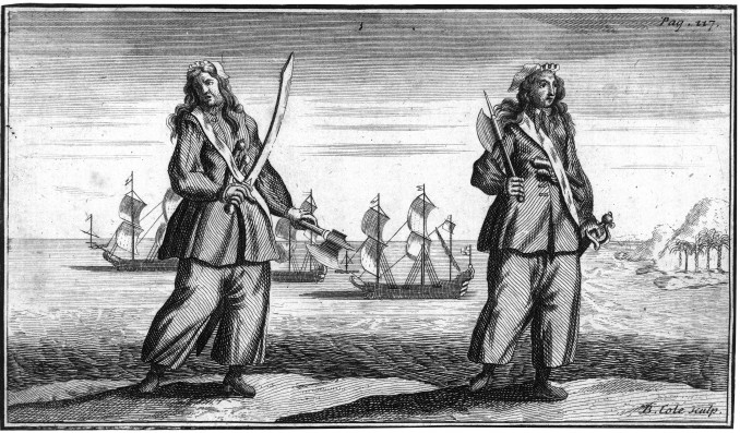 Anne Bonny ir Mary Read buvo liūdnai pagarsėjusios piratės, kurios kartu buvo teisiamos dėl piratavimo, tačiau išvengė mirties bausmės, teigdamos, kad yra nėščios. Benjamino Cole’o graviūra, 1724 m.