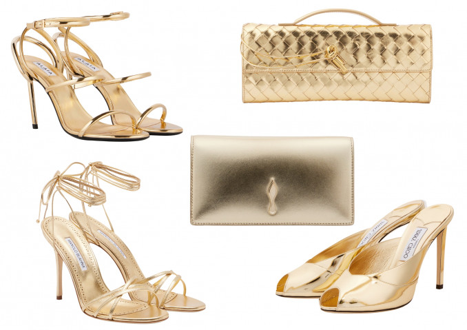 Aukso spalvos aksesuarai: bateliai, „Alaia“, „Manolo Blahnik“, „Jimmy Choo“, rankinės, „Bottega Veneta“, „Christian Louboutin“